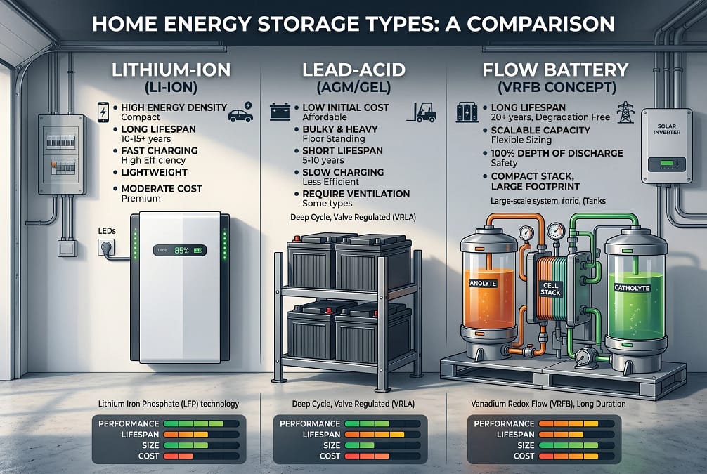 Three battery types side by side, lithium-ion sleek modern, lead-acid bulky classic, futuristic flow battery concept