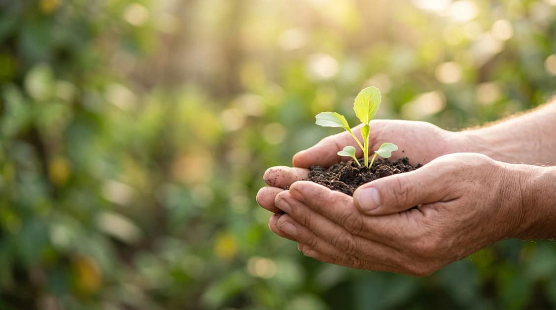 A pair of cupped adult hands gently cradling a small green seedling