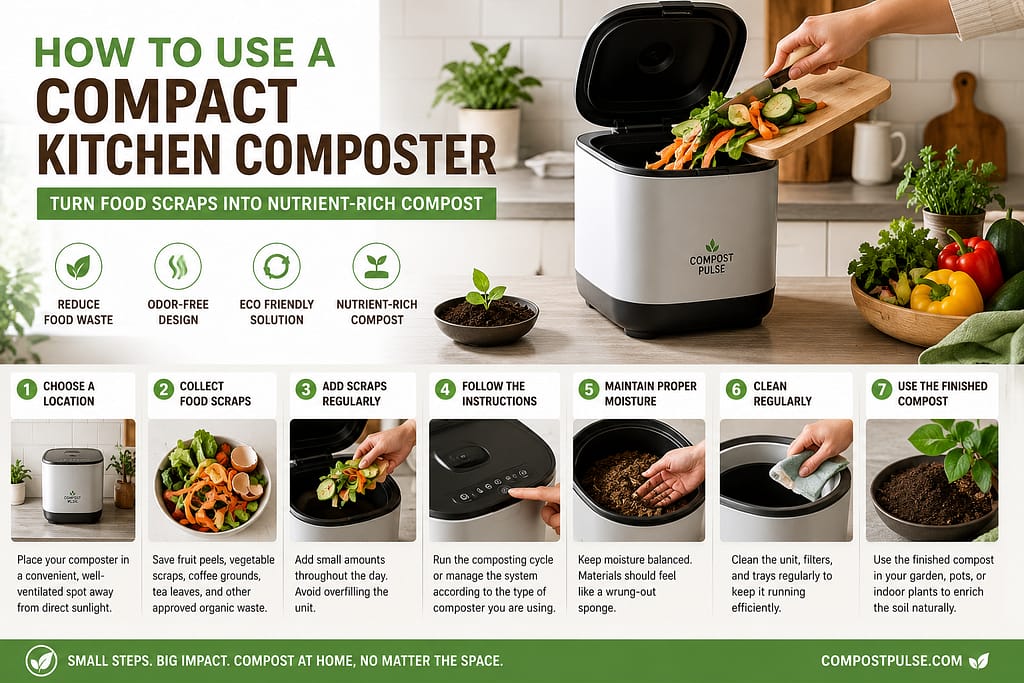 Step by step image guide of how to use a compact kitchen composter.