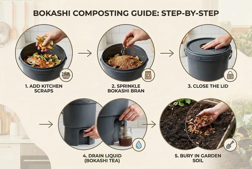 Step-by-step styled layout showing the Bokashi bin composting process