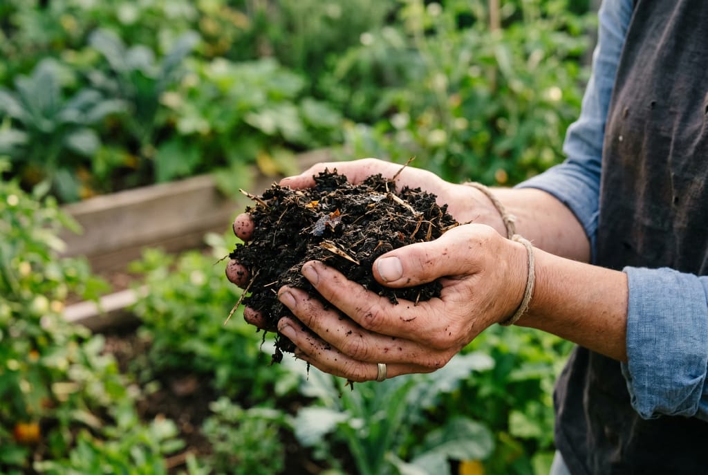 Close-up of rich dark compost soil in gardeners' hands,