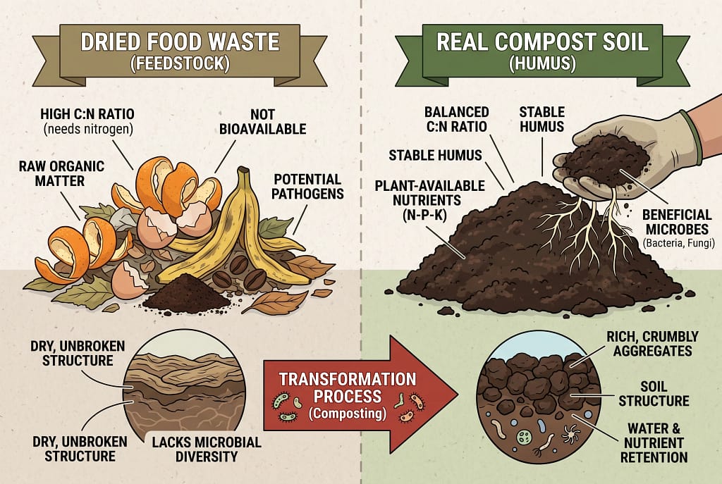 Comparison visual: dried food waste vs real compost soil.