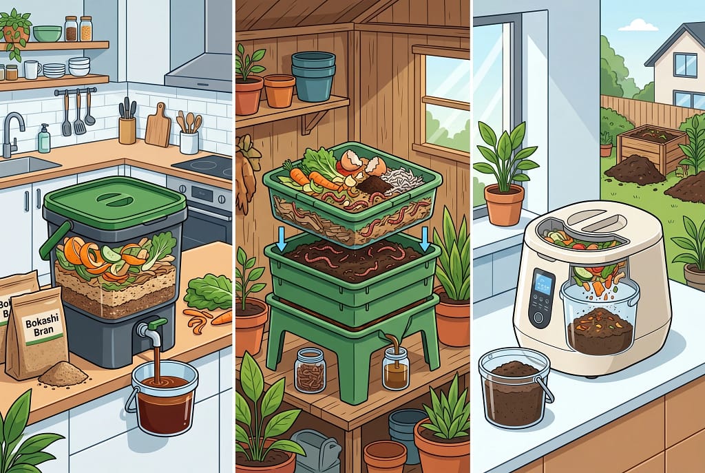 Side by side graphic of Bokashi, Worm and Electric composters.