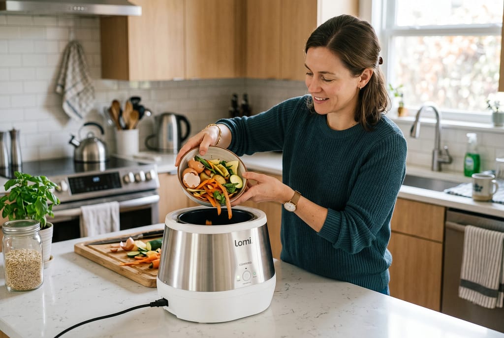 Kitchen food scraps being added into a modern indoor composter,