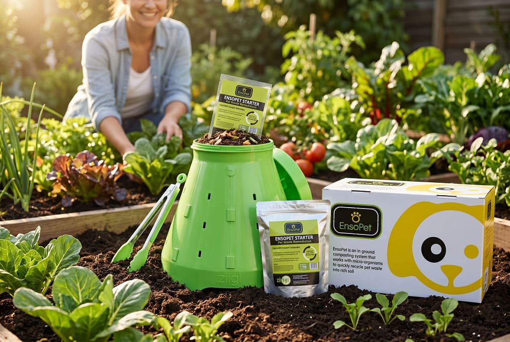 EnsoPet waste composter kit nestled in a flourishing garden, lady planting nearby.