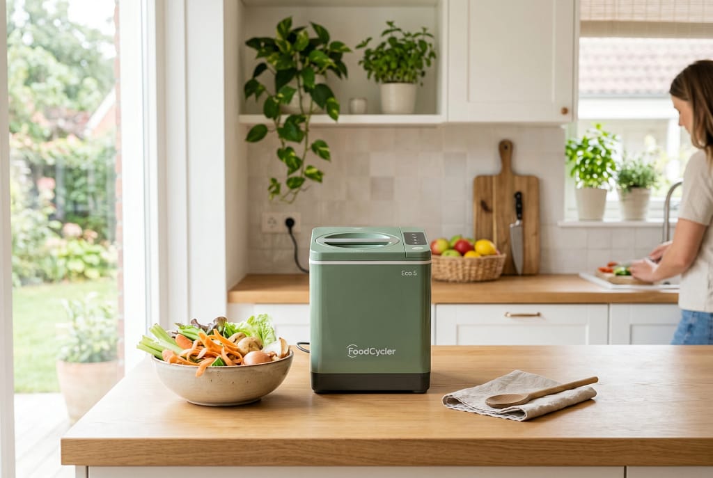 Bright modern family kitchen with a FoodCycler Eco 5 indoor composter.