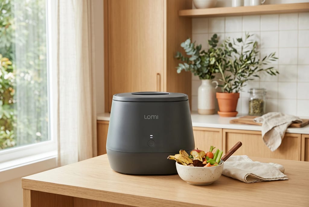 Modern minimalist kitchen countertop featuring the Lomi indoor composter.