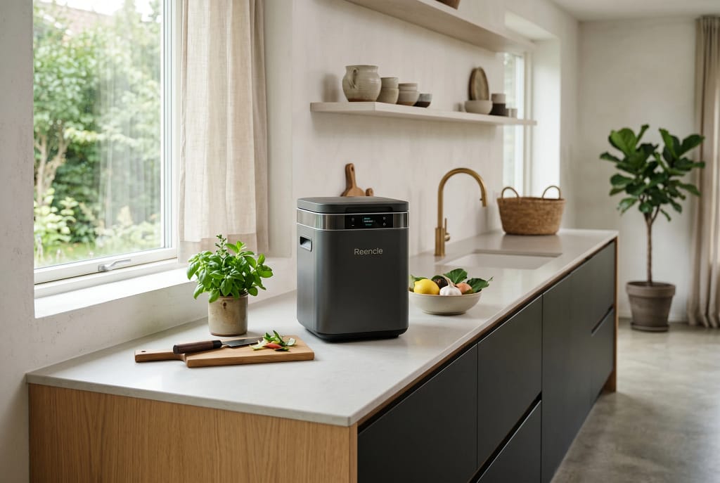 Premium modern kitchen with the Reencle indoor composter as the focal point