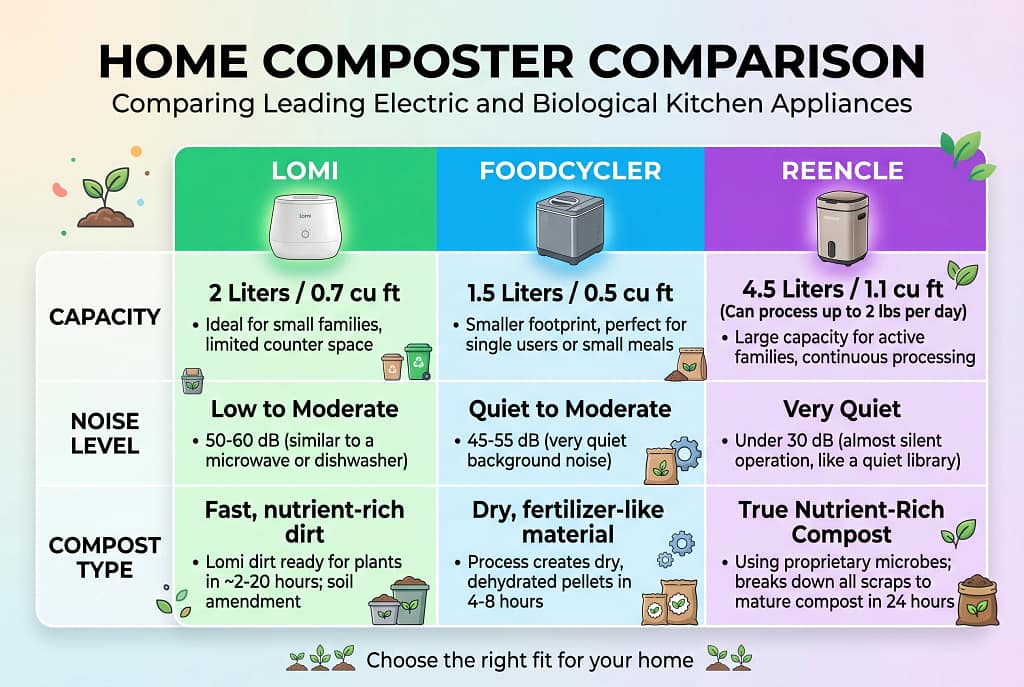 Side by side comparison graphic of Lomi,FoodCycler and Reencle home composters