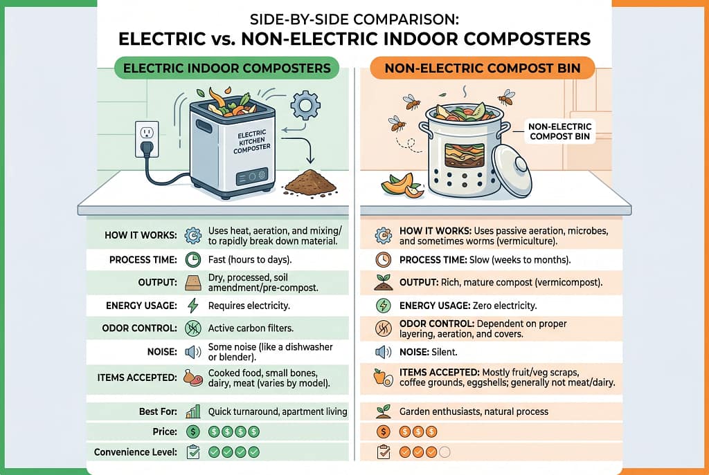 Side by side graphic comparison Comparison Graphic
Side-by-side
electric vs non-electric indoor composters.