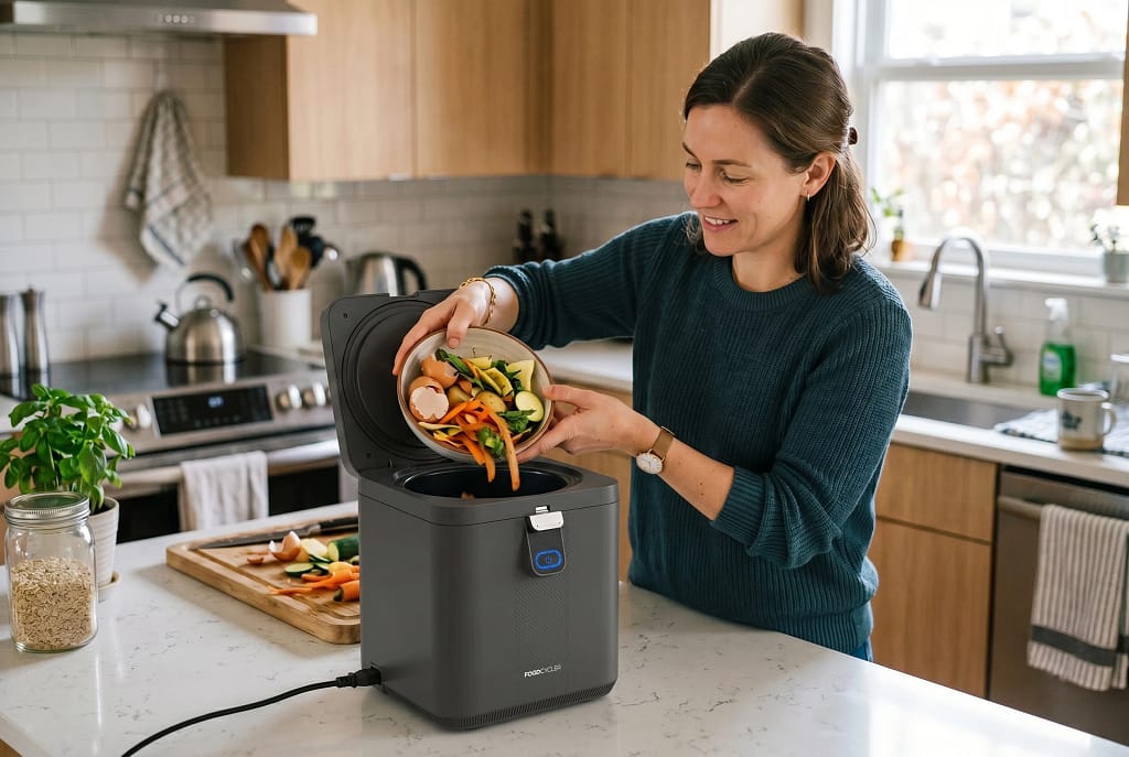 Food scraps being added into a FoodCycler Vitamix indoor composter in a kitchen setting,