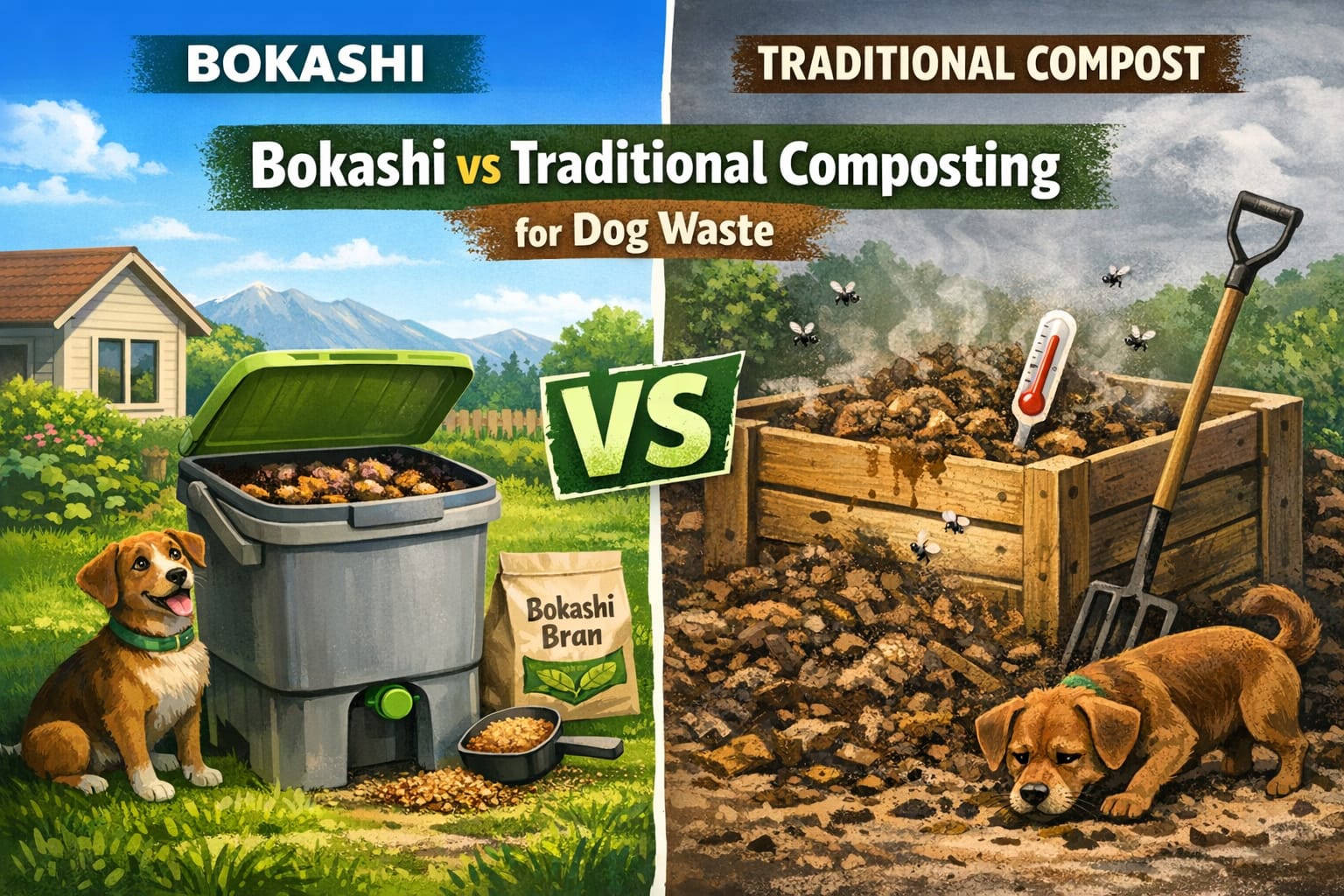 Double sided image of Bokashi and traditional pet waste composting comparison.
