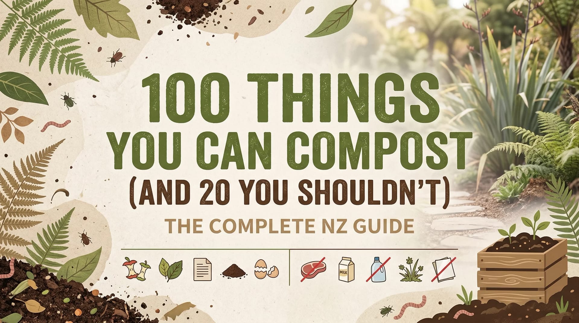 A clean, eco-themed featured image for a NZ composting guide. Text:overlay ‘100 Things You Can Compost (And 20 You Shouldn’t)’. Natural palette with greens, browns, beige. Subtle leaves and compost textures in the background.