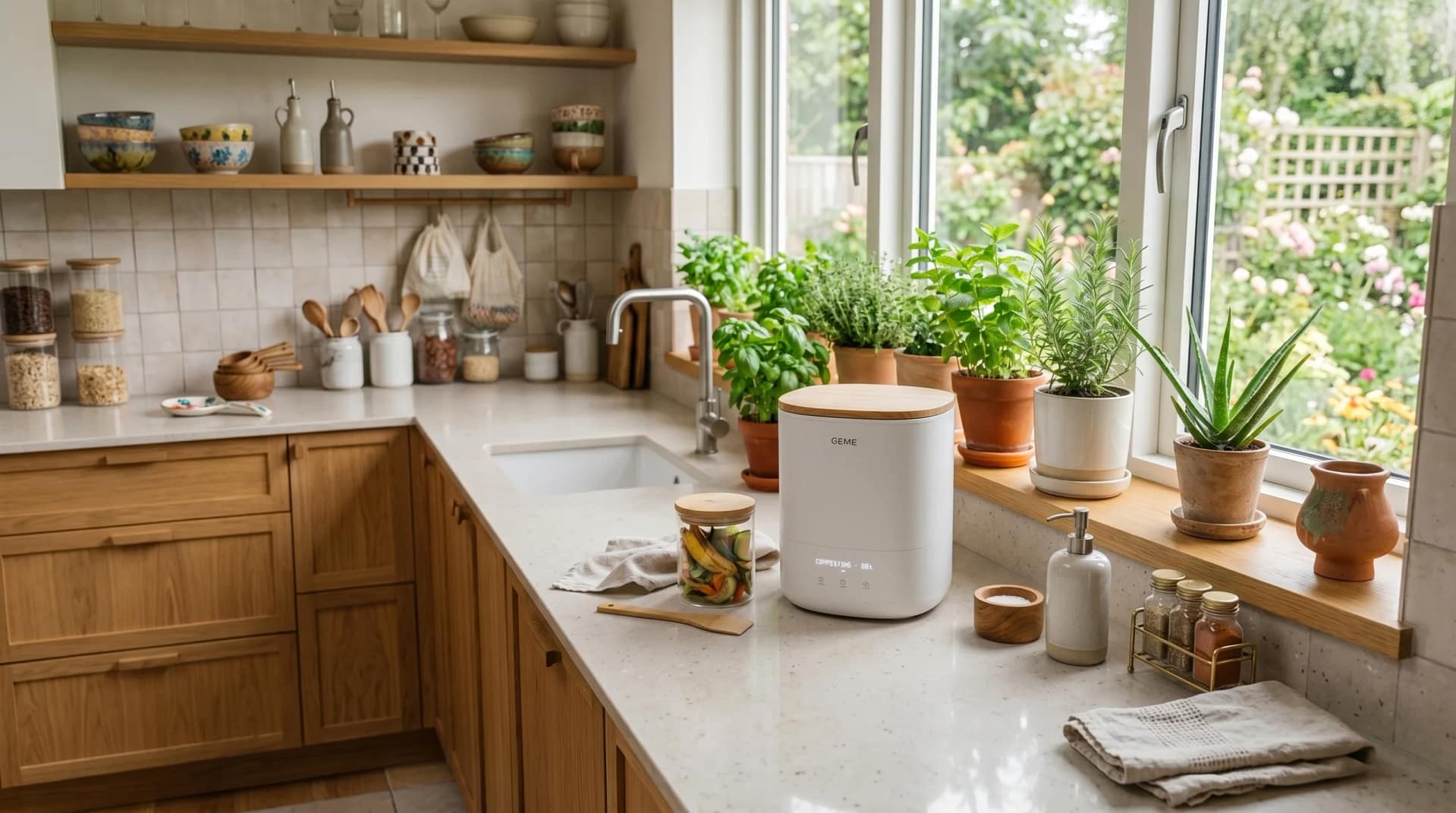 Modern kitchen countertop with a sleek smart indoor composter