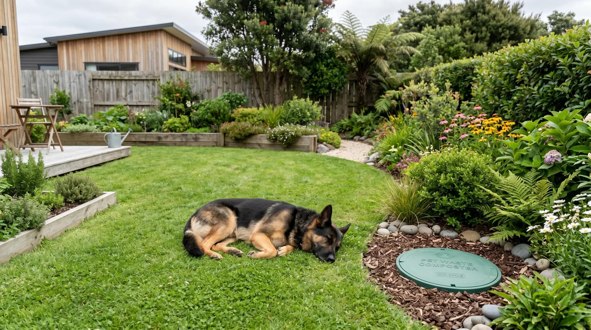 A modern eco-friendly backyard garden in New Zealand with a discreet in-ground pet waste composter system, lush green grass with a dog (german shepherd) sleeping , flowers and shrubs,
