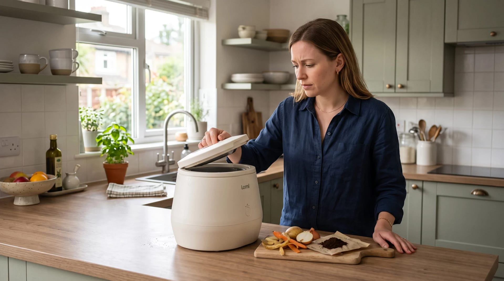 Modern kitchen with a compact indoor electric composter on the bench and a slightly concerned homeowner checking the machine