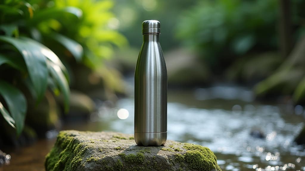stainless-steel-drink-bottle on a rock next to a river-with-a-natural fauna-background