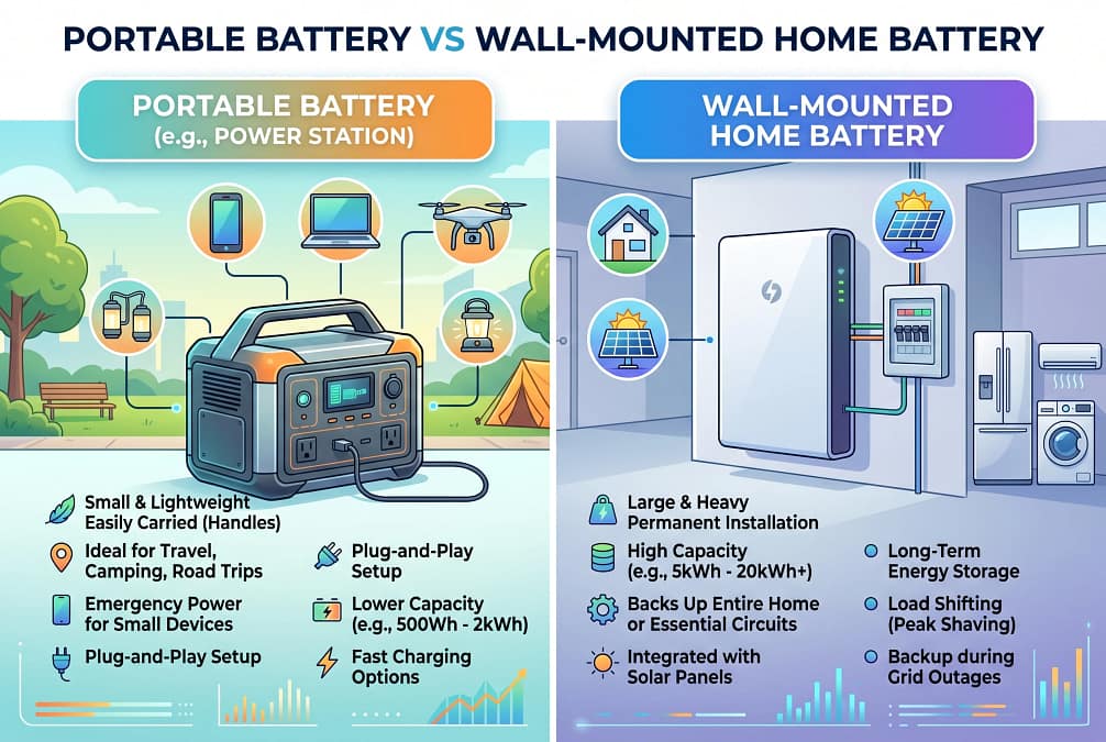Portable battery vs wall-mounted home battery, clean infographic style