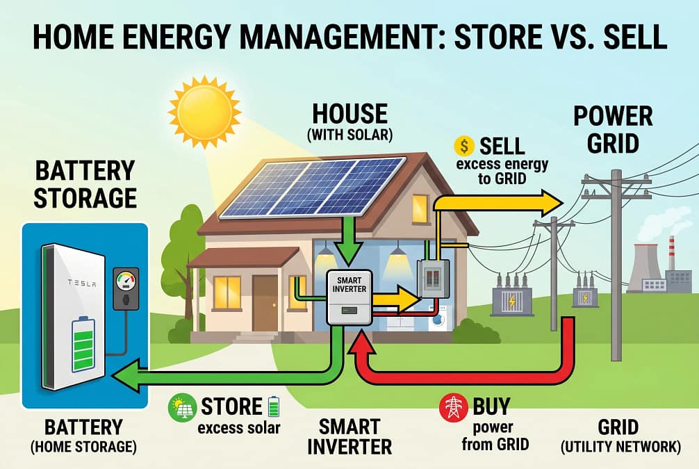 Electricity flowing between house, grid, and battery with arrows showing sell vs store concept