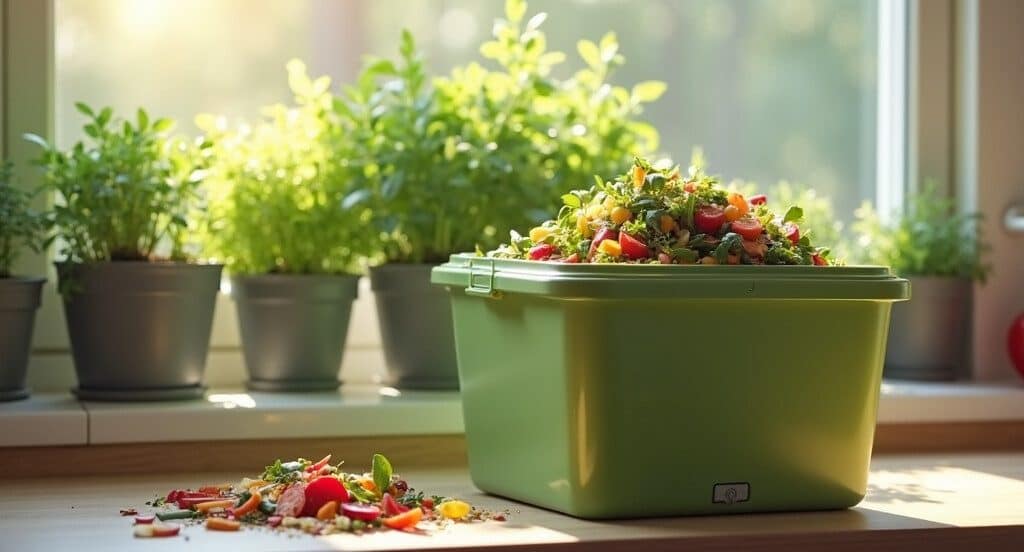 indoor compost bin on kitchen bench