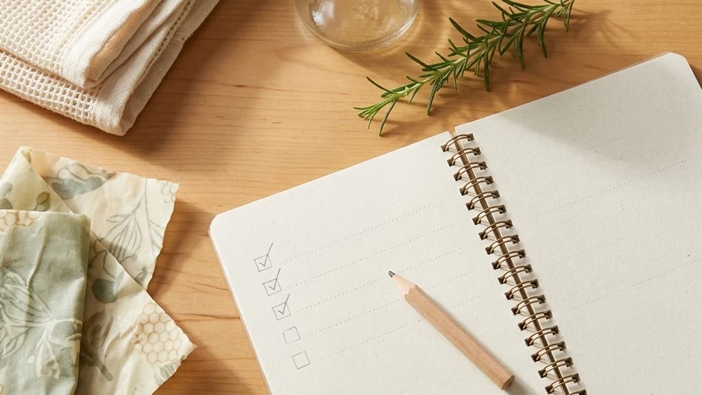 An open spiral-bound booklet with a few hand-drawn checkmarks and a stubby pencil resting across it, surrounded by a small collection of everyday reusable items