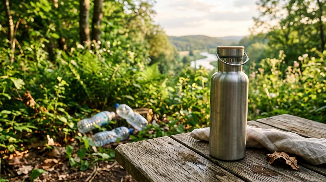 A stylish reusable stainless steel water bottle standing on a weathered wooden surface in a peaceful outdoor setting surrounded by lush green foliage. a few discarded single-use plastic bottles in the background.