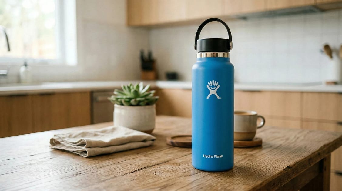 Reusable stainless-steel Hydro Flask 24oz bottle on a wooden kitchen table.