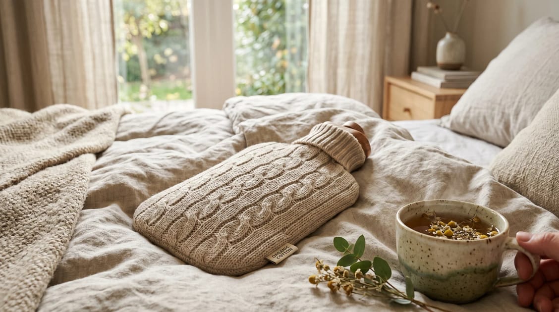 A stylish eco-friendly hot water bottle made from knitted organic cotton and natural biodegradable materials resting on a cozy linen blanket beside a ceramic mug of herbal tea.