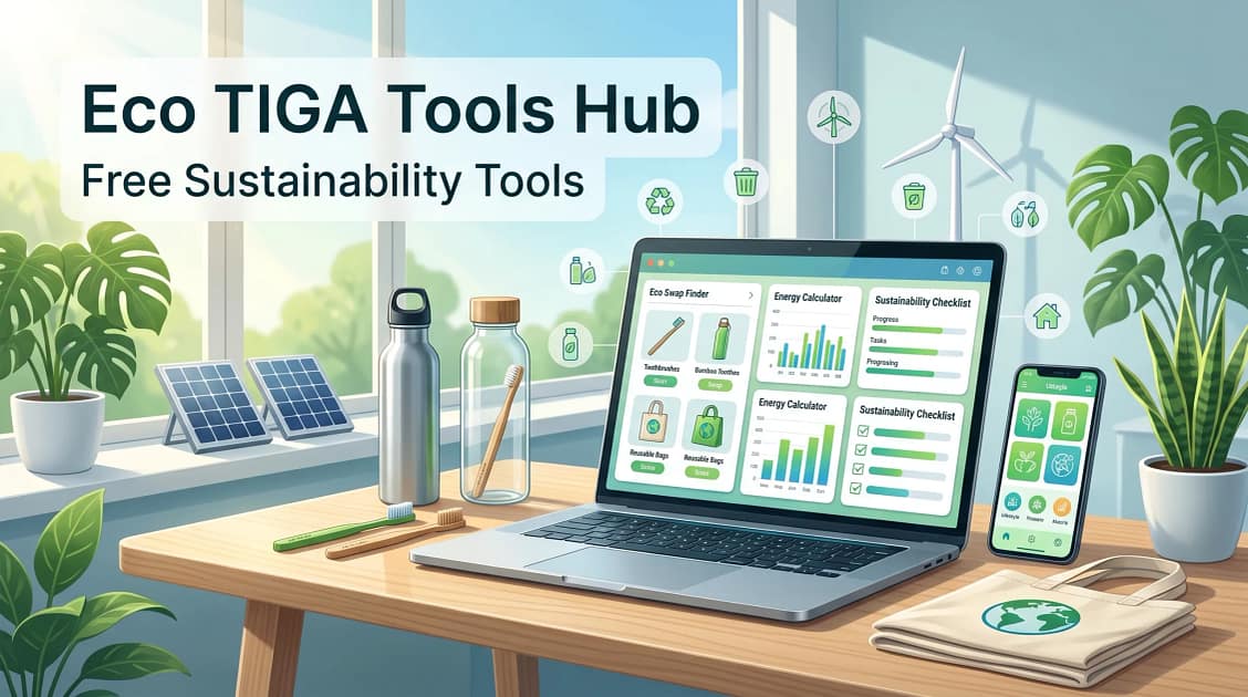 Eco TIGA Tools Hub featuring sustainability tools, eco-friendly product alternatives, renewable energy planning and green living resources.