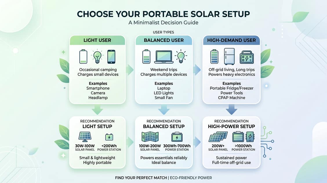Minimalist decision flow infographic for choosing portable solar setups, showing three user types: light user, balanced user, high-demand user, with arrows leading to corresponding solar system sizes.