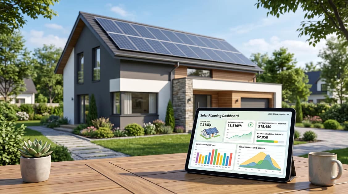 A bright, modern suburban home with sleek rooftop solar panels under a clear blue sky. In the foreground, a realistic tablet displays a stylish home solar planning dashboard featuring colourful charts, a recommended solar panel system size, battery capacity, estimated installation cost, annual savings, and energy usage graphs.