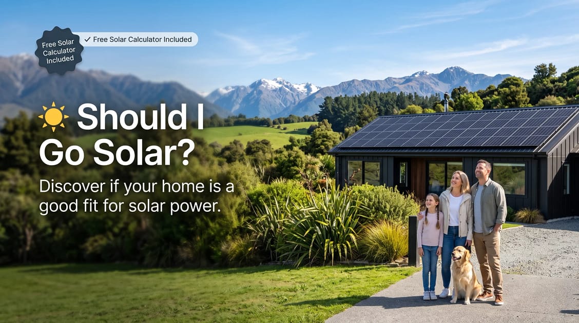 A New Zealand home with sleek solar panels installed on a north-facing roof. The home is surrounded by native greenery with rolling hills and distant mountains in the background. Family is standing outside admiring the view.
