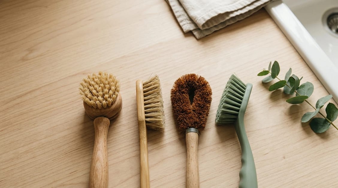 A bright, natural-light flat lay of four eco-friendly dish brushes lined up side by side on a pale timber benchtop: a beechwood brush with natural bristles, a slim bamboo-handled brus