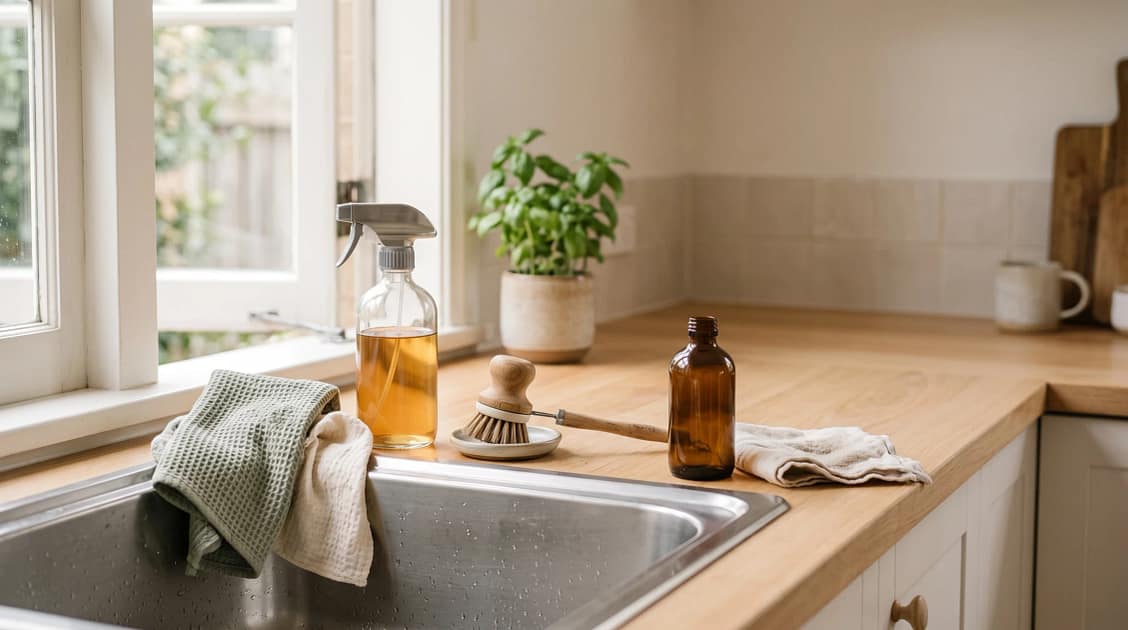 Kitchen bench with cotton and linen cleaning cloths in soft neutral and sage green tones are draped over the edge of the sink, with a refillable glass spray bottle and a small wooden dish brush