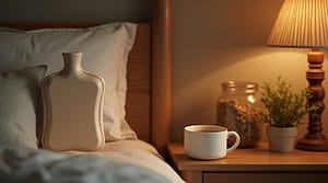 Eco hot water bottle resting up against a pillow on a bed in a subtly lit cosy room.