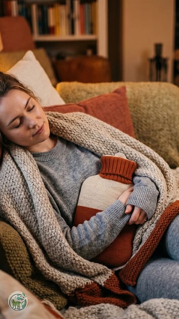 Woman relaxing with hot water bottle wrapped in blanket.