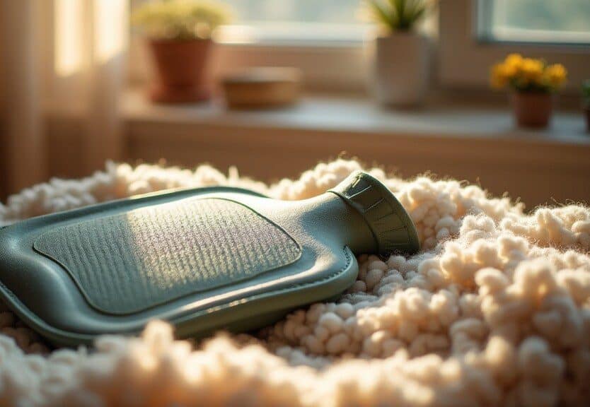 Covered eco hot water bottle on a fleecy blanket