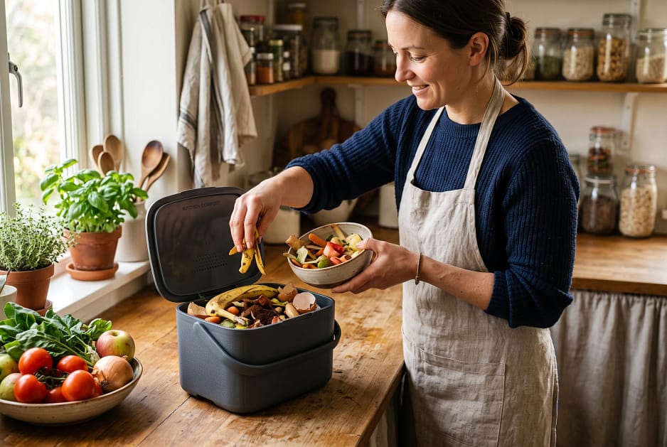 A lady placing fruit and vegetable scraps into a compact indoor composting system in a bright home kitchen