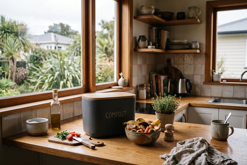 A compact indoor composting system neatly fitting on the counter of a small modern kitchen