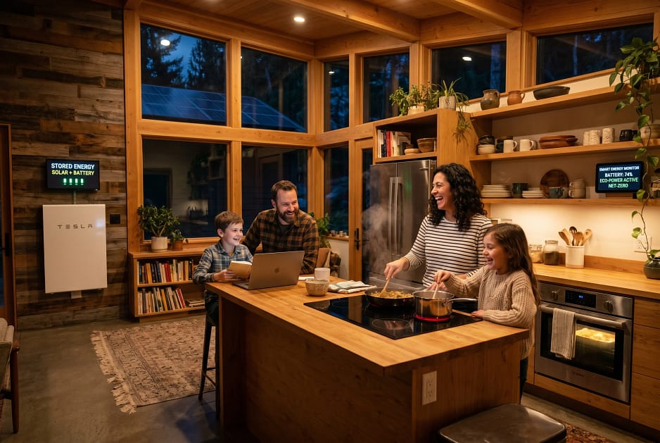Family in eco home using appliances at night powered by stored energy.