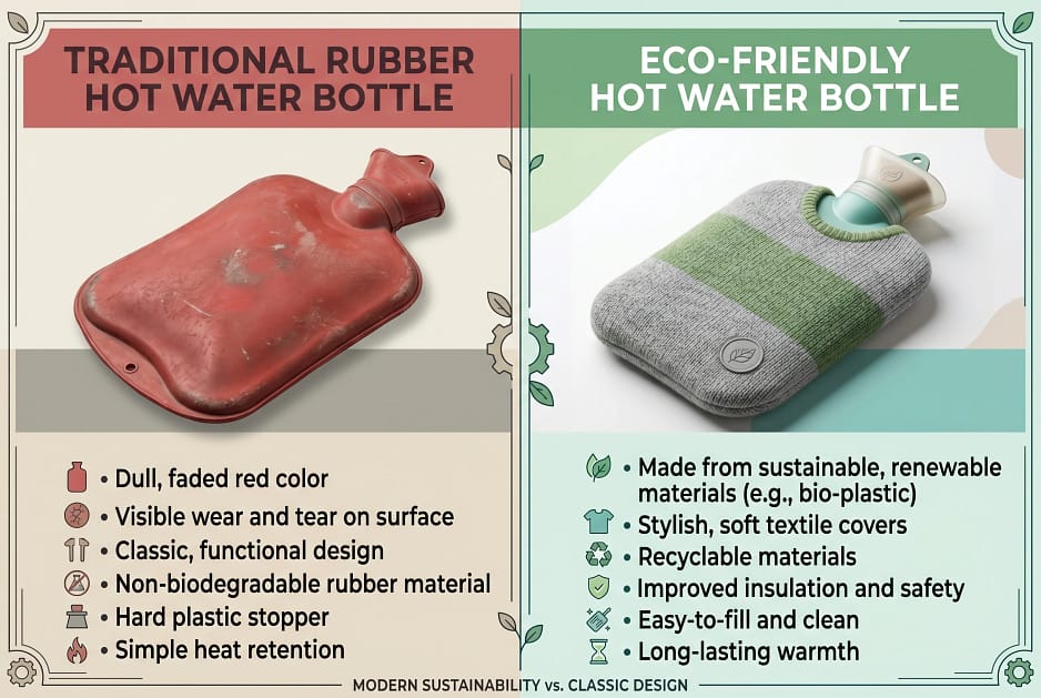 Split image comparison, left side old rubber hot water bottle dull tones, right side eco hot water bottle modern aesthetic, clean layout,infographic style