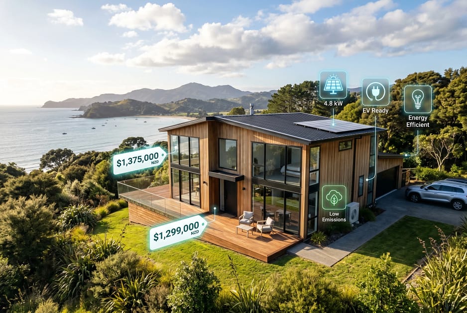 New Zealand house with floating price tags and energy icons