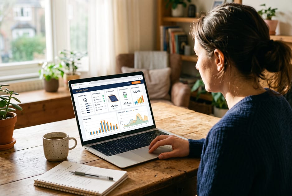 An over-the-shoulder view of a homeowner using a laptop to complete an interactive home solar calculator.