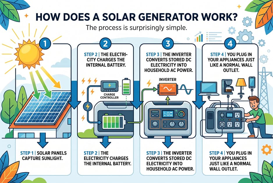 Diagram showing
Step 1
Solar panels capture sunlight.
↓
Step 2
The electricity charges the internal battery.
↓
Step 3
The inverter converts stored DC electricity into household AC power.
↓
Step 4
You plug in your appliances just like a normal wall outlet.