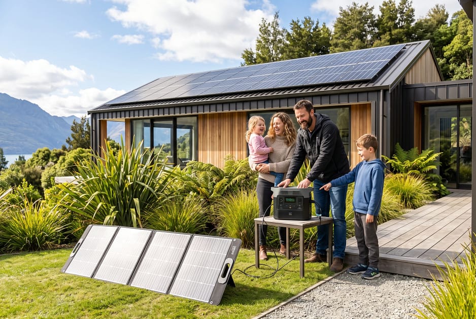 A family outside a modern New Zealand home with rooftop solar.
and a portable power station charging from foldable solar panels