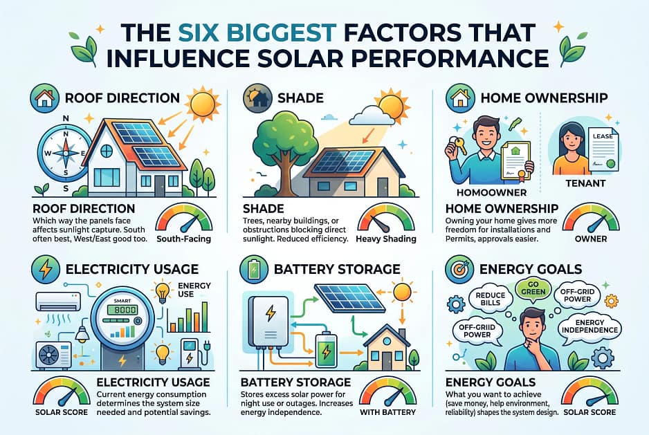 What Affects Your Solar Score? A visual showing:
Roof direction
Shade
Home ownership
Electricity usage
Battery storage
Energy goals