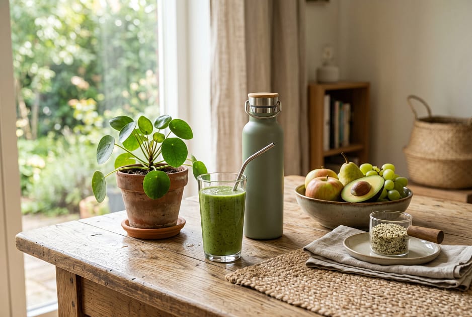 A reusable water bottle, glass of green drink, small indoor plant, fresh fruit and natural materials on a wooden table