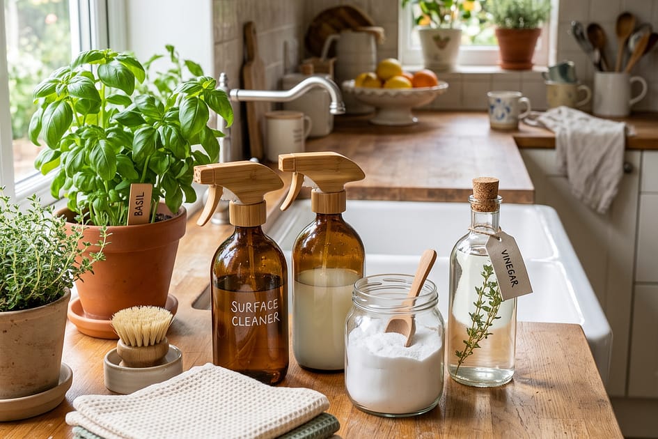 Kitchen with reusable cleaning cloths, glass spray bottles