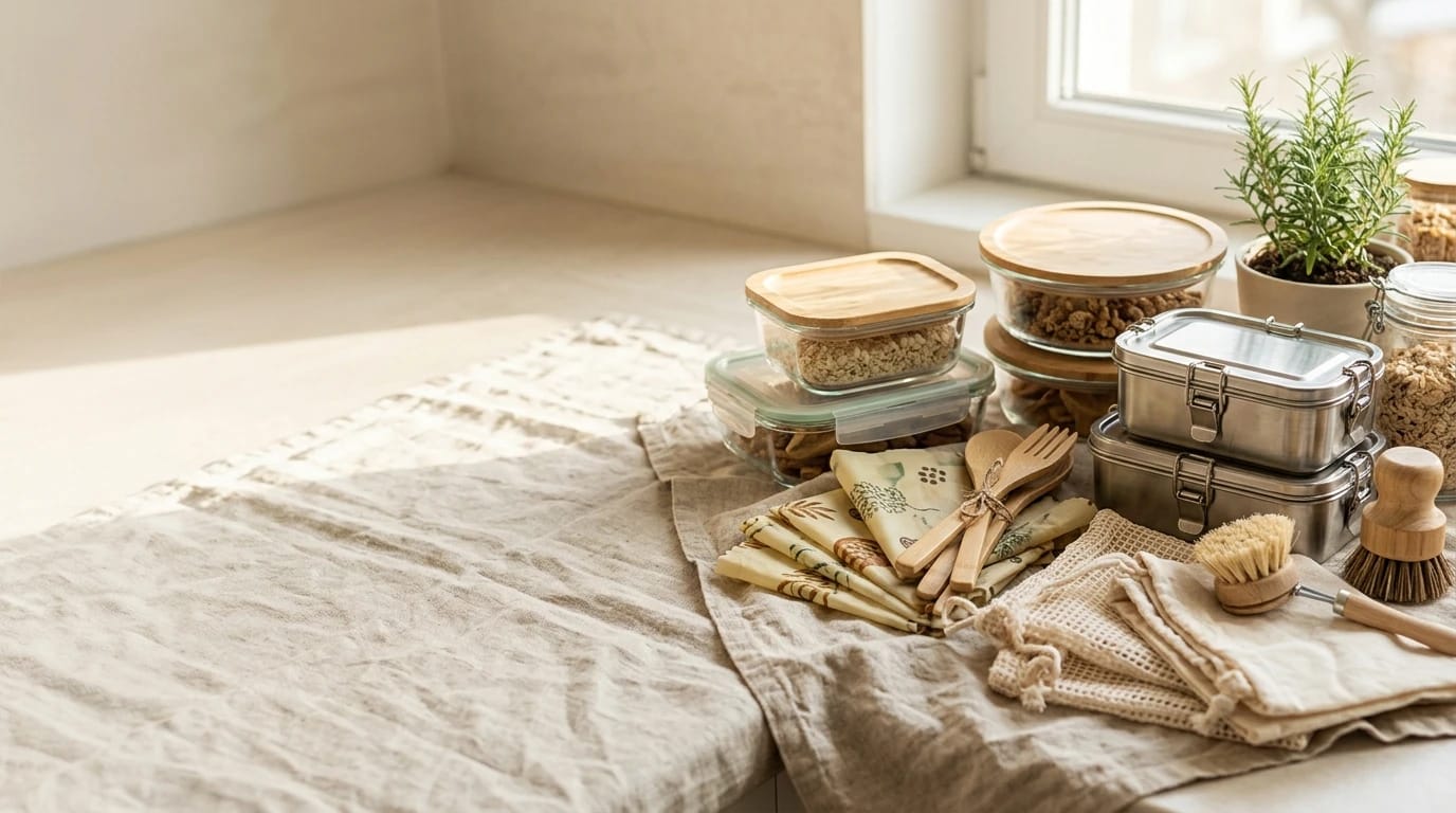 A bright eco-friendly kitchen scene with reusable glass food containers, stainless steel lunch boxes, bamboo utensils, beeswax wraps, cotton produce bags and wooden brushes arranged beautifully on a natural linen cloth, sunlight through kitchen window, earthy tones, sustainable lifestyle photography