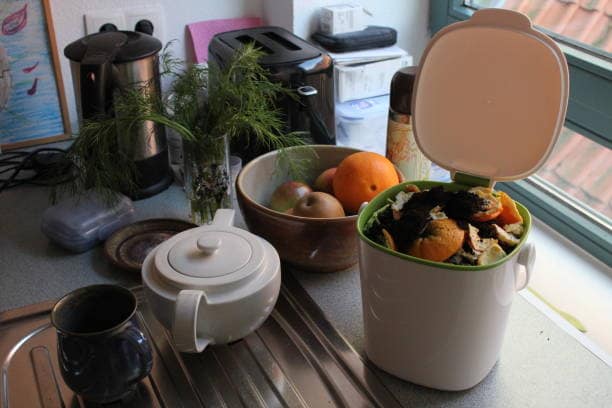 Indoor composter filled with food scraps on kitchen counter next to fruit bowl, teapot, cup, toaster and other kitchen accessories